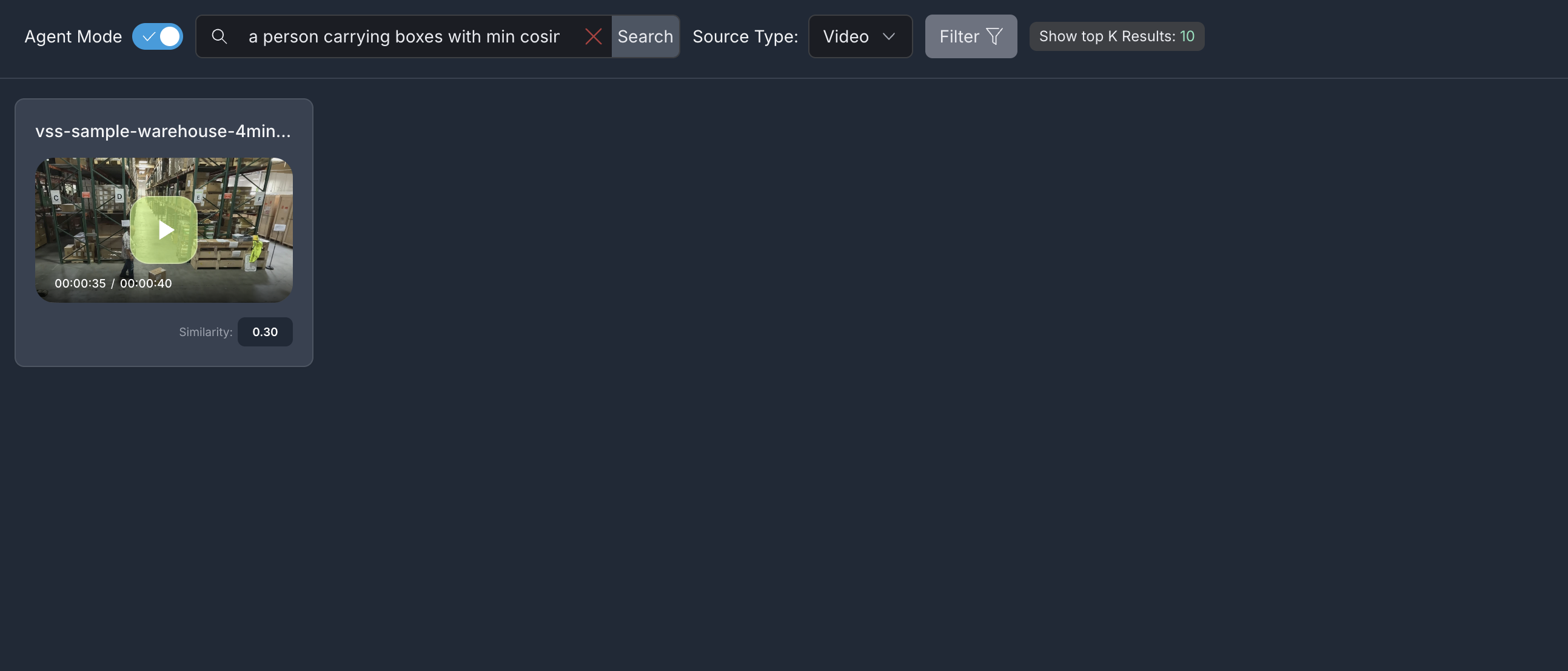 Agent Mode search with cosine similarity and video name filters