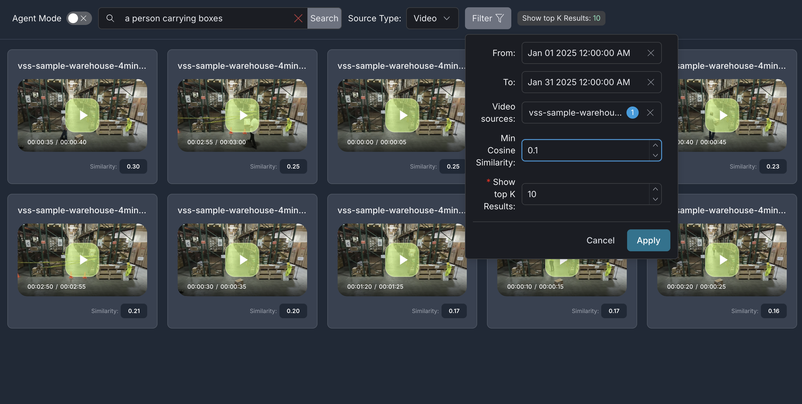 Filter panel with timestamp, video names, cosine similarity, and top K options