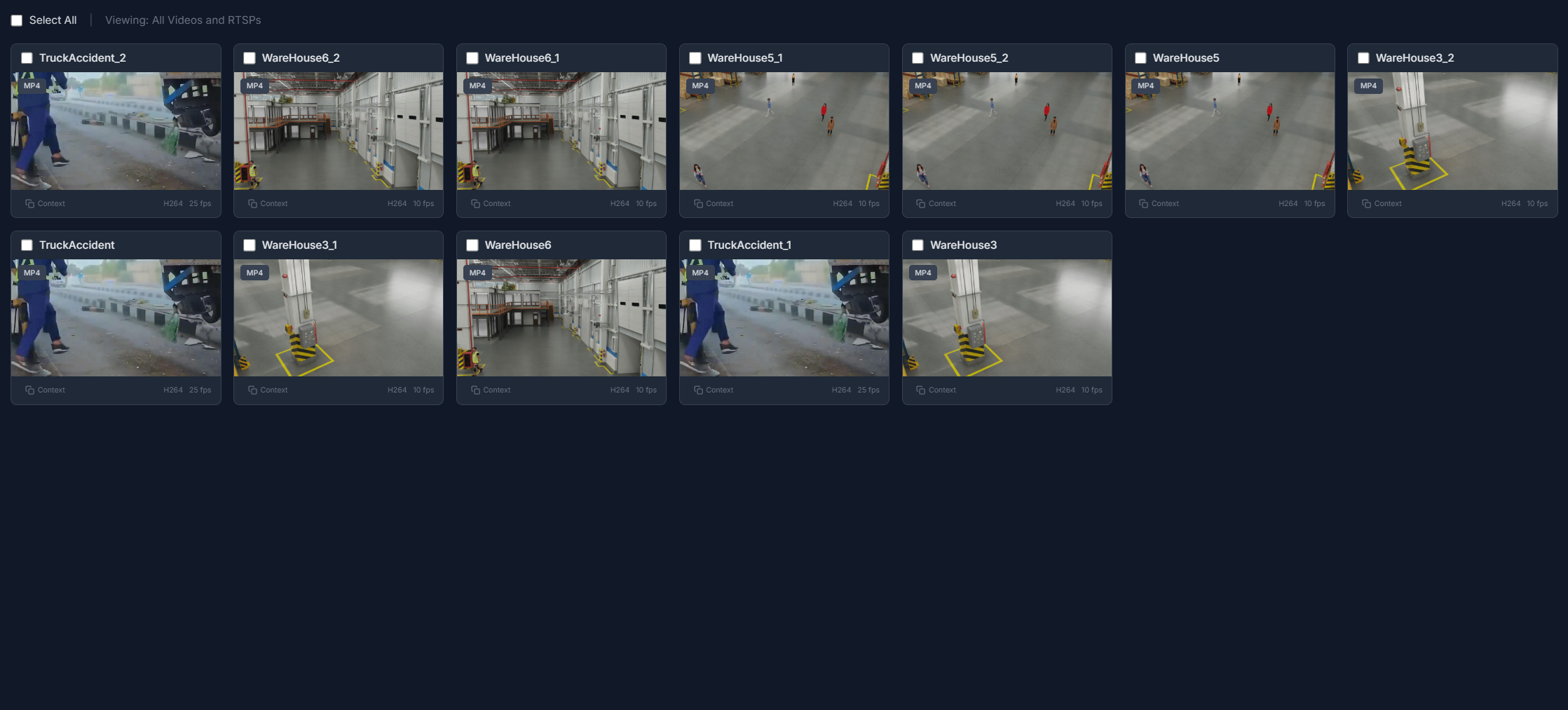 VSS Reference User Interface - Video Management Tab - Streams Grid