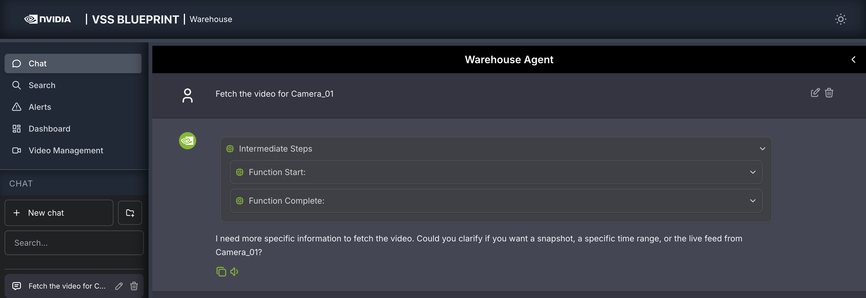 VSS Warehouse BP UI - Chat Tab - Fetch the video for Camera_01