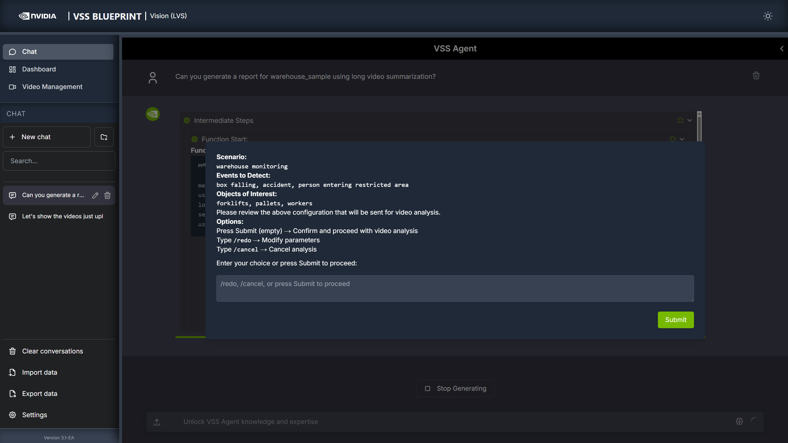 Pop-up for confirmation
