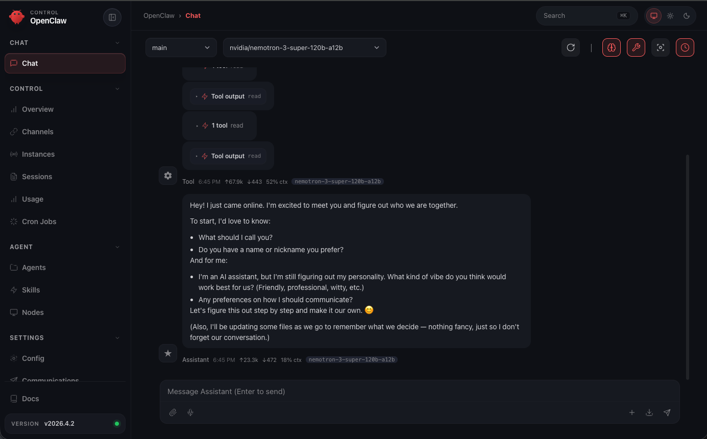OpenClaw UI chat interface