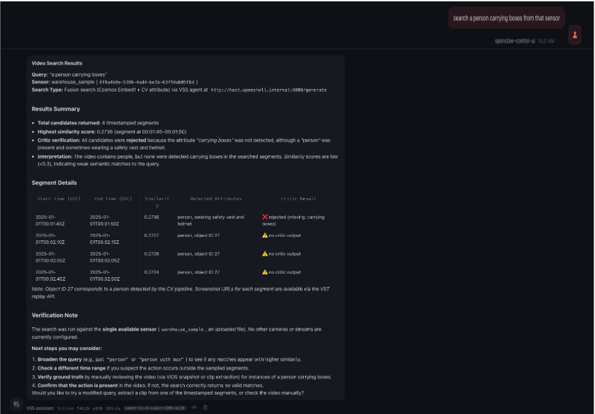 Running the VSS search profile from the OpenClaw chat