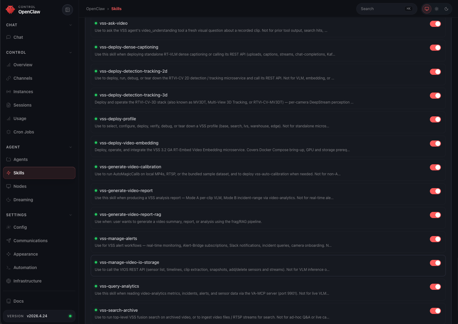 OpenClaw UI listing the installed VSS skills