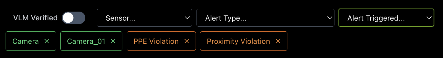 VSS Reference User Interface - Alerts Tab - Sensor / Alert Type / Alert Triggered Filter