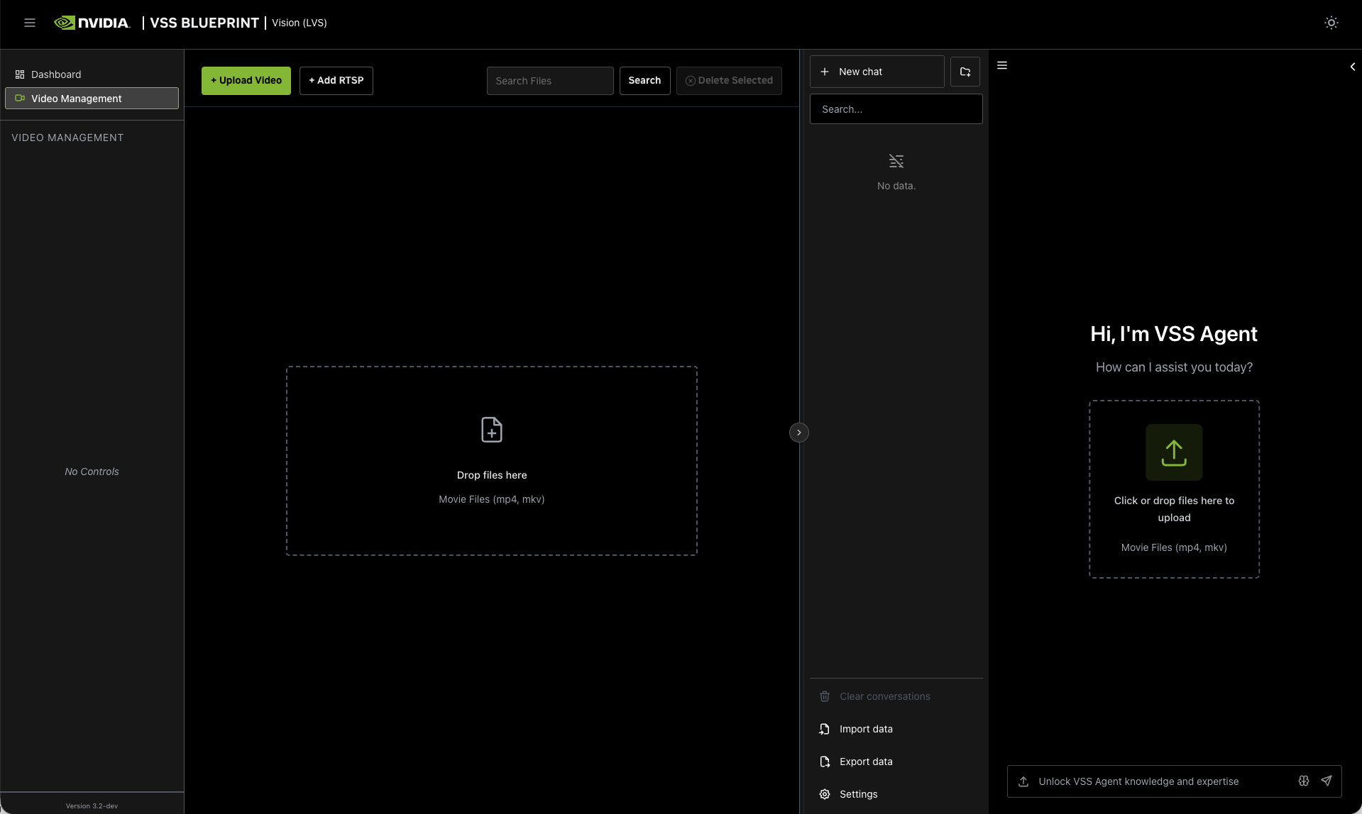 Video Management tab with upload area
