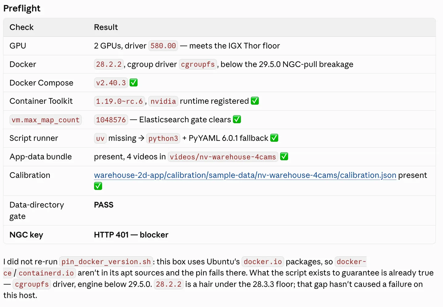 Pre-flight results identify an invalid NGC key as a deployment blocker