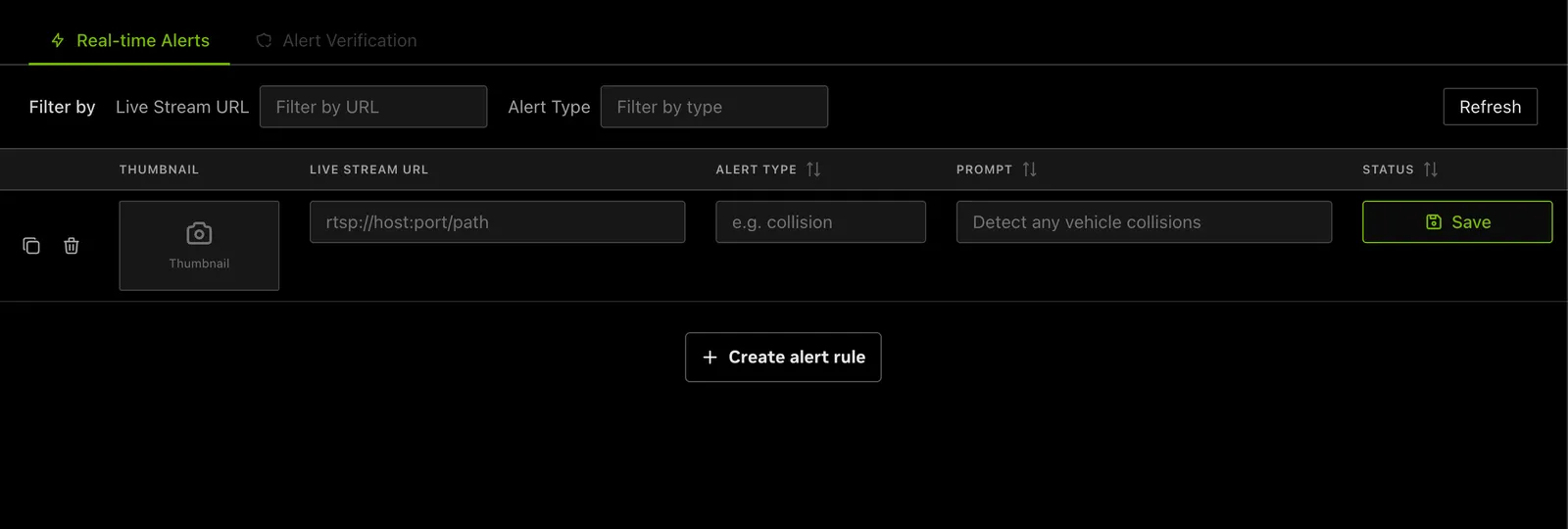 VSS Reference User Interface - Alerts Tab - Real-time Alerts Table