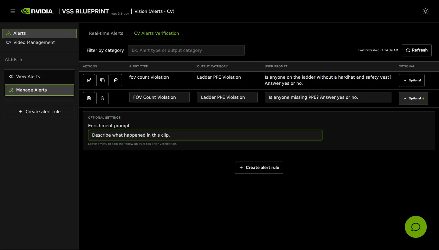 VSS Reference User Interface - Alerts Tab - Create CV Alerts Verification Rule