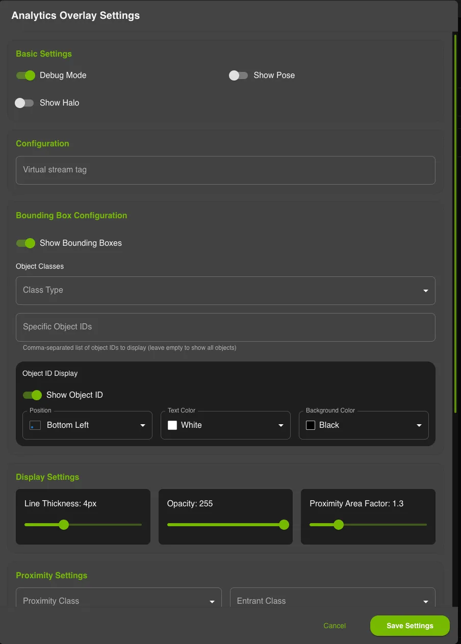 VST Analytics Overlay Settings with Show Bounding Boxes and Show Object ID enabled for a warehouse 2D profile