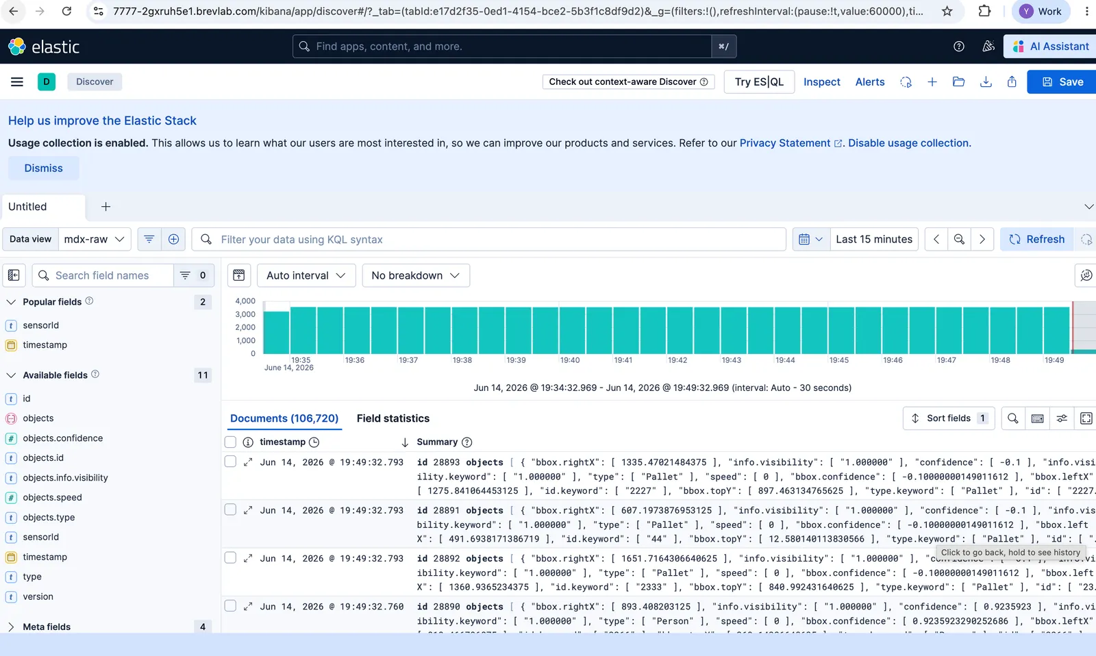 Warehouse Blueprint Kibana dashboard after deployment