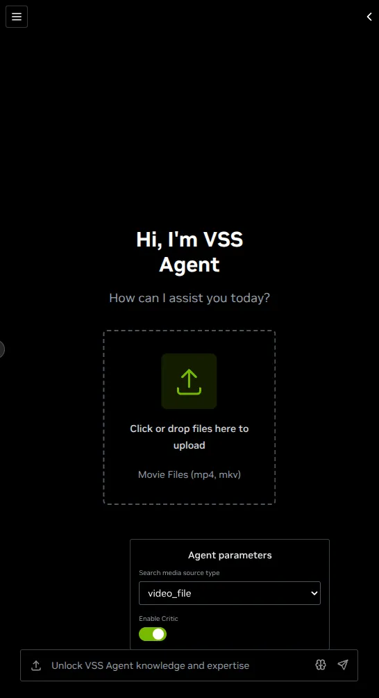 Vision Agent chat interface with source type selection and query input