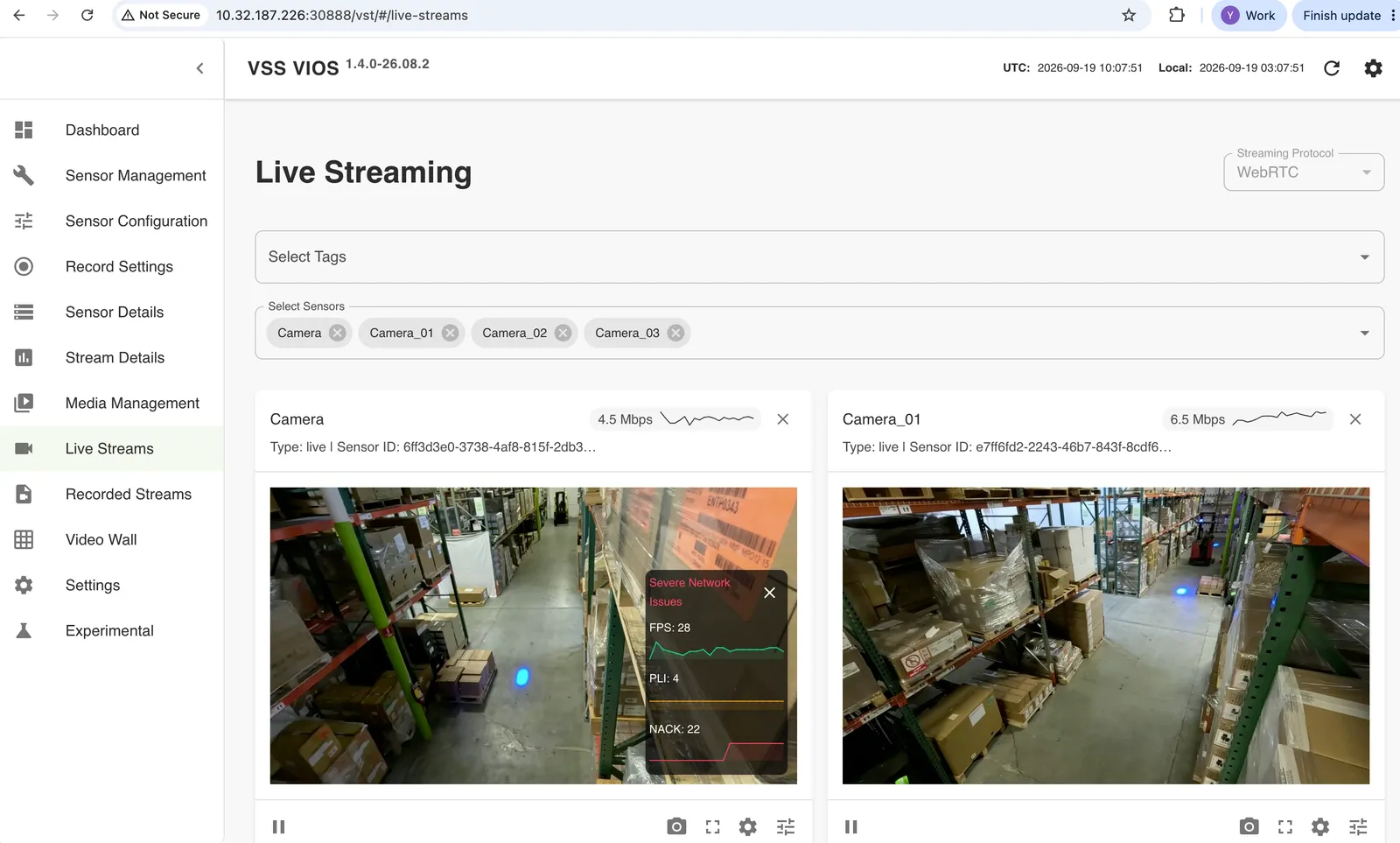 Warehouse camera streams in the VIOS UI