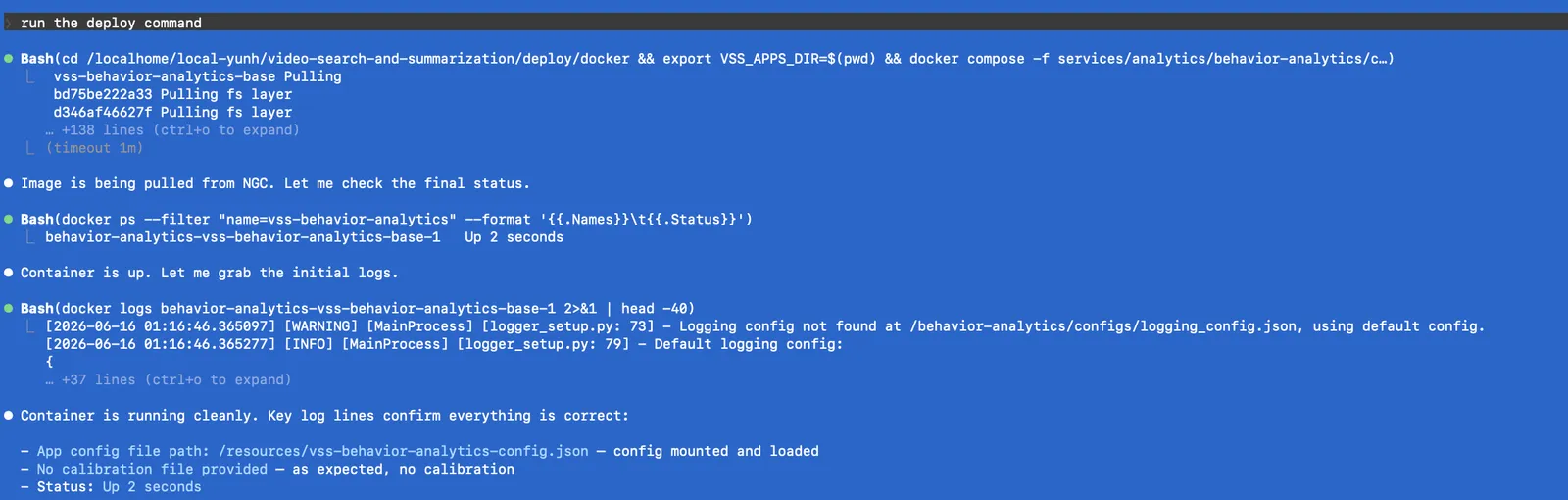 Coding agent deploying behavior-analytics, confirming the container is up, and the config loaded
