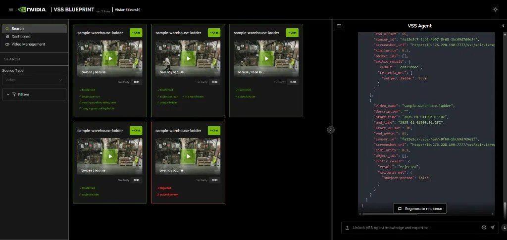 VSS Reference User Interface - Search Tab - Chat query "person with yellow hat carrying boxes" and search results
