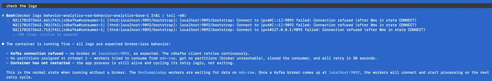 Behavior Analytics logs showing Kafka connection retries with no broker running