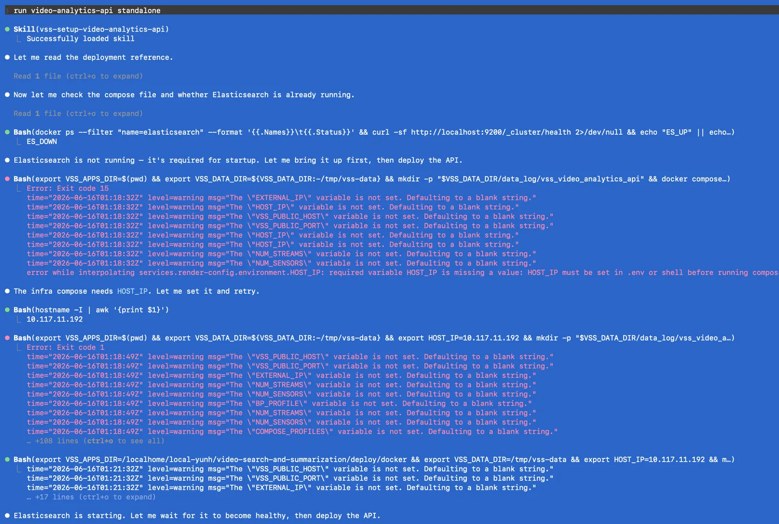 Example coding-agent session checking deployment prerequisites
