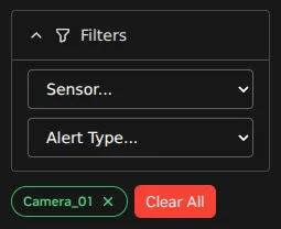 VSS Reference User Interface - Alerts Tab - Sensor / Alert Type / Alert Triggered Filter