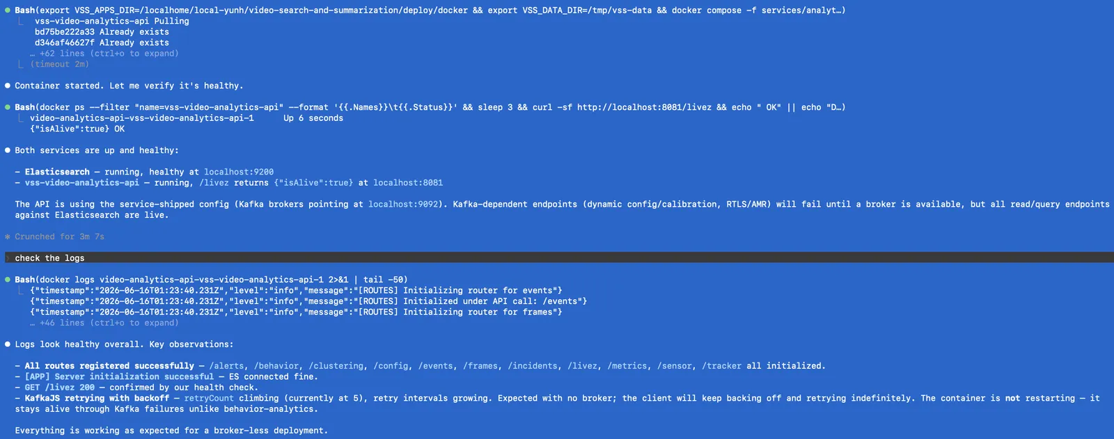 Both services healthy and the API server log showing all routers initialized