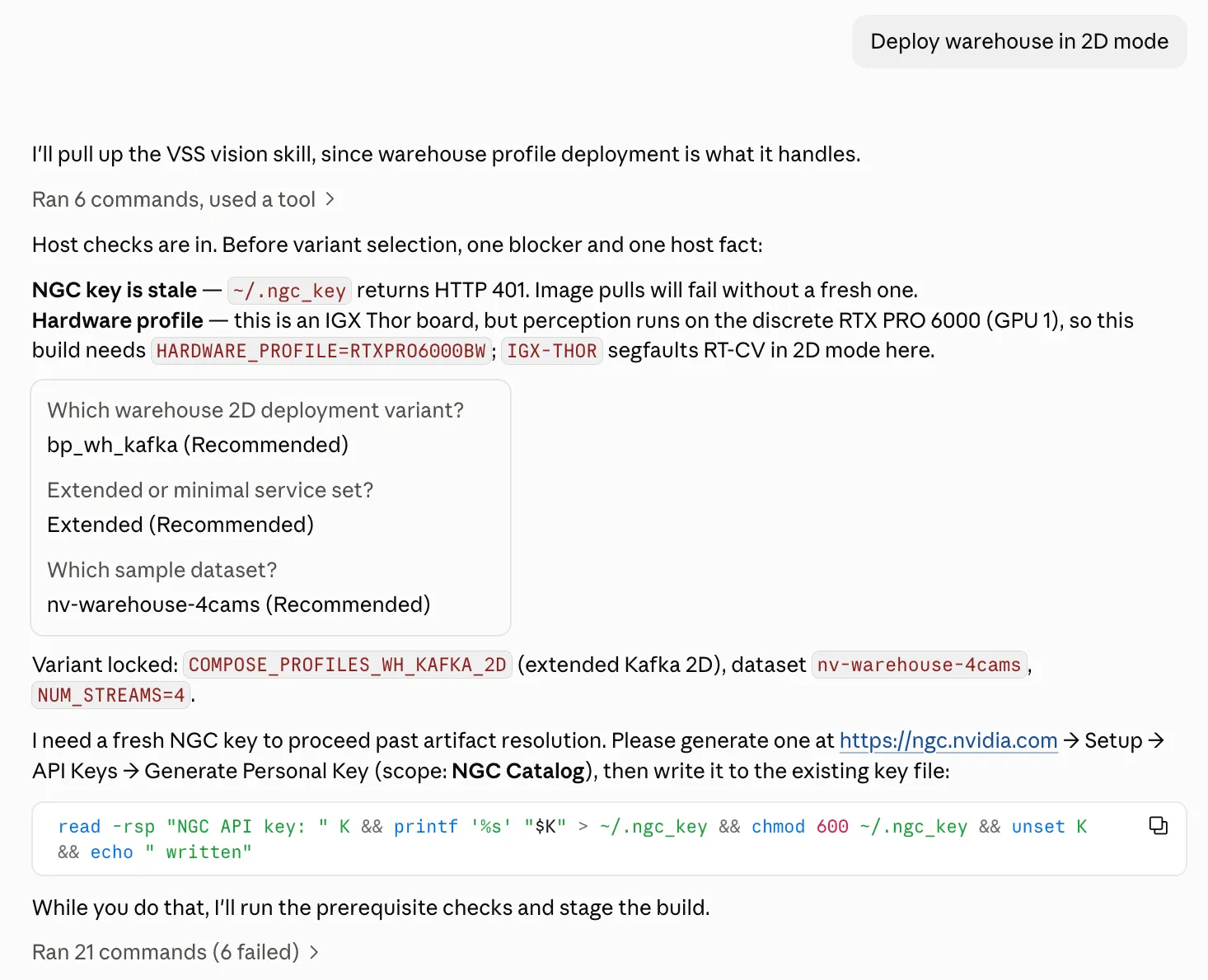 Coding agent collects the deployment variant, dataset, and NGC credentials