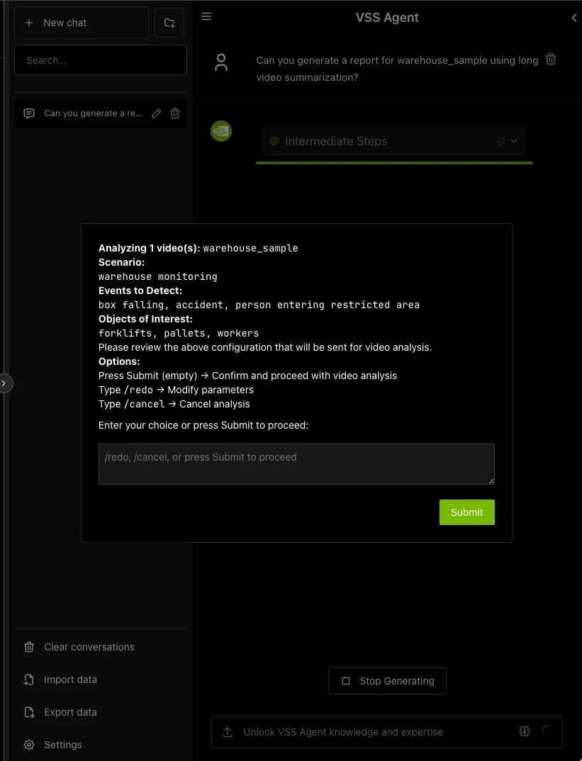 Pop-up for confirmation