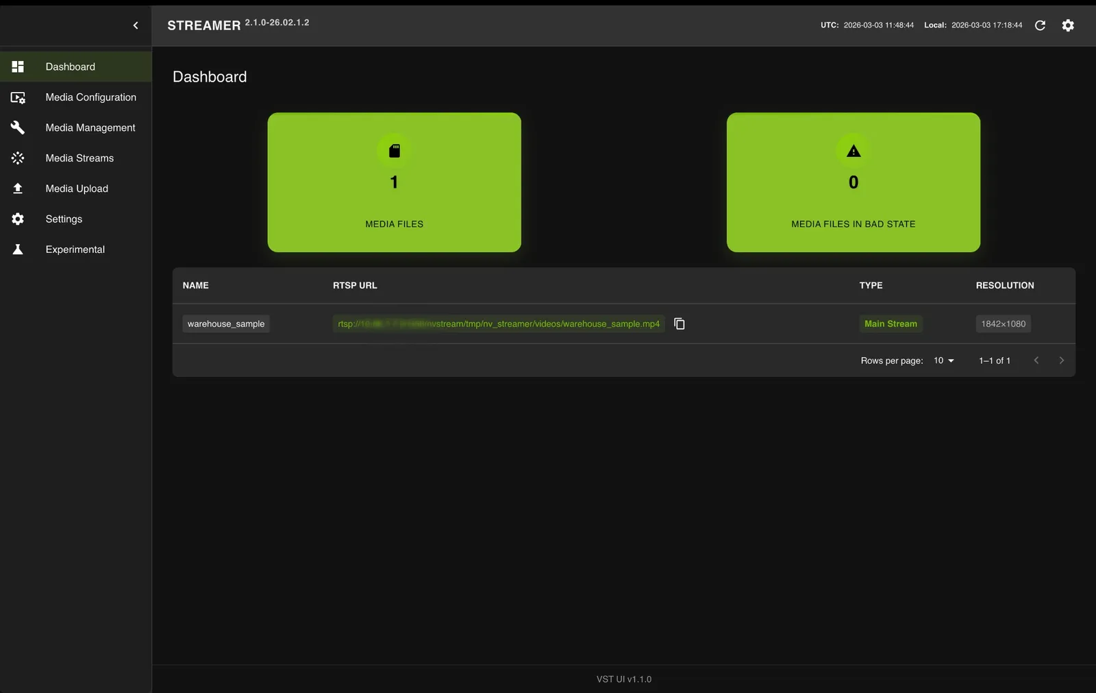 NVStreamer Dashboard with RTSP URL