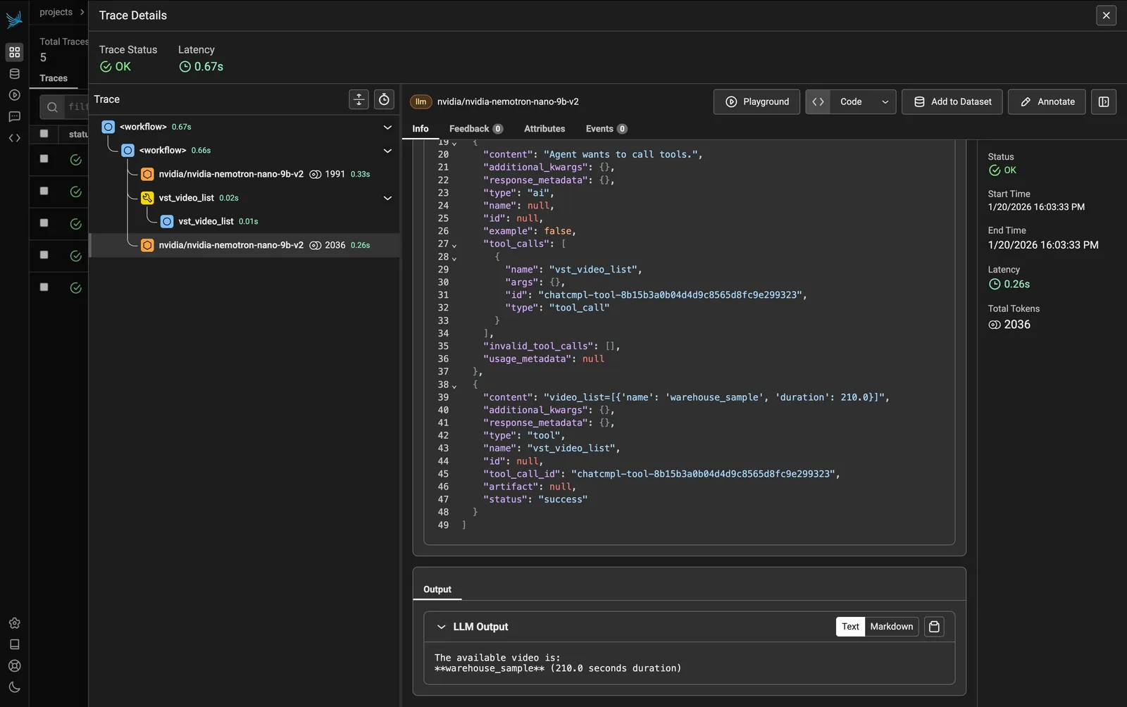 Sample Phoenix Query Trace - Tool Call and Final Response
