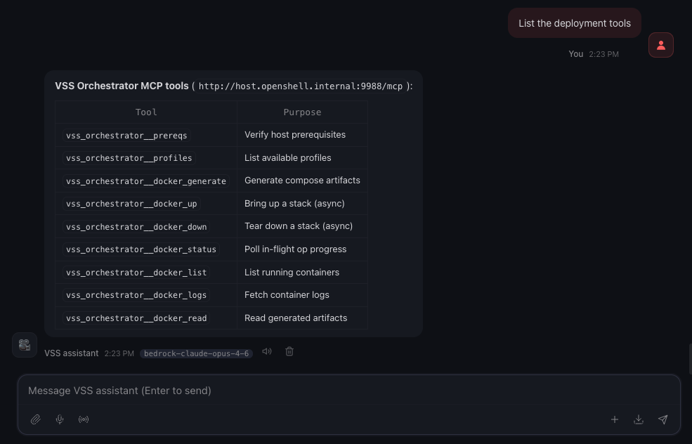 OpenClaw UI listing the VSS orchestrator MCP tools